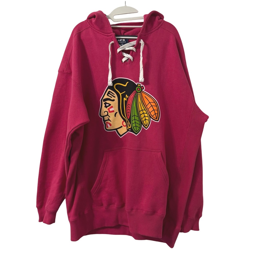 J America Chicago Blackhawks Hockey Hoodie XXL Pink Cancer Awareness‎ Lace Up